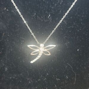 925 Sterling Silver Necklace 18" w fine Silver Dragonfly Pendant Cubic Zirconia
